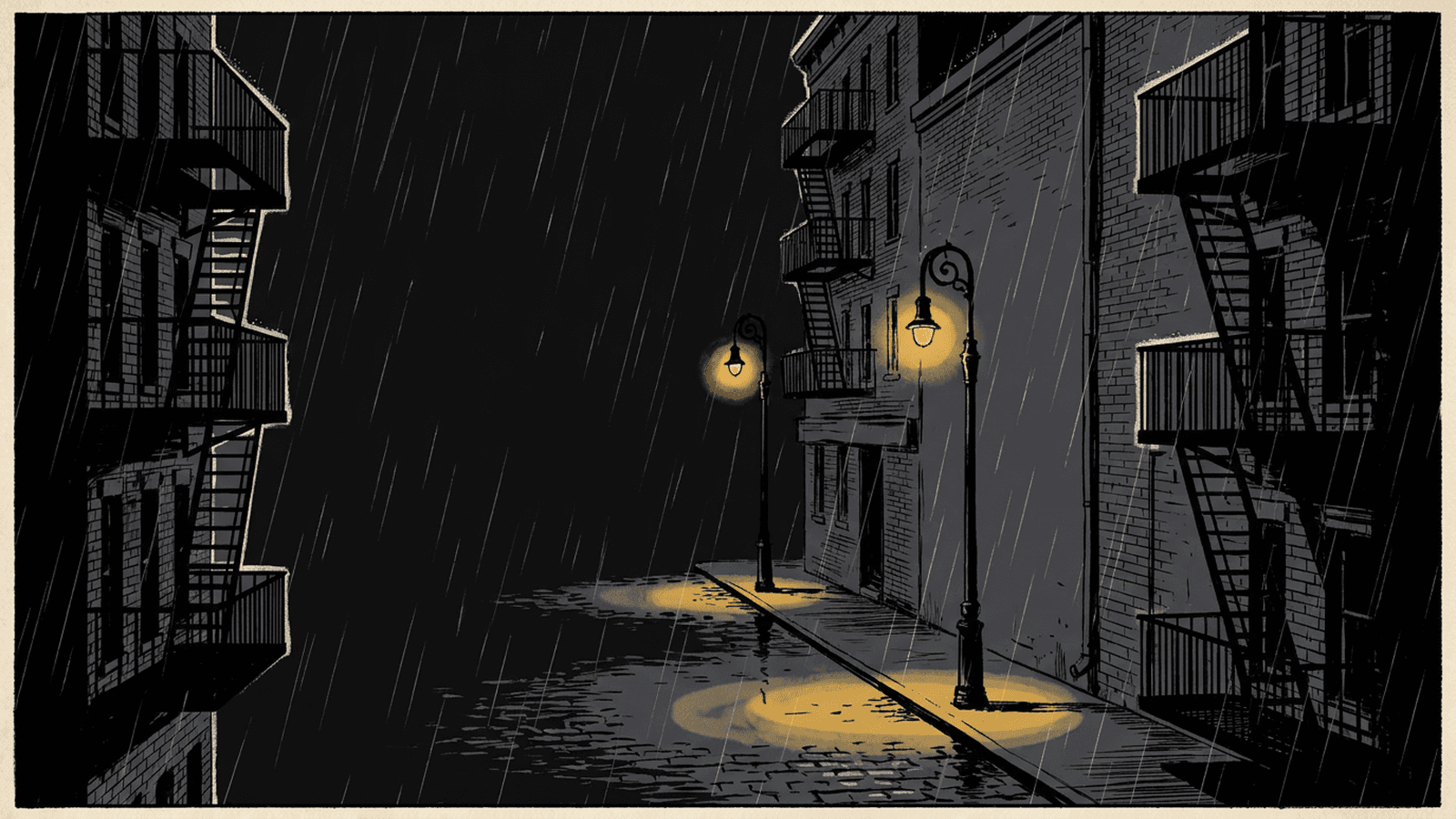 A rain-slick 1933 New York street under two sodium streetlights.